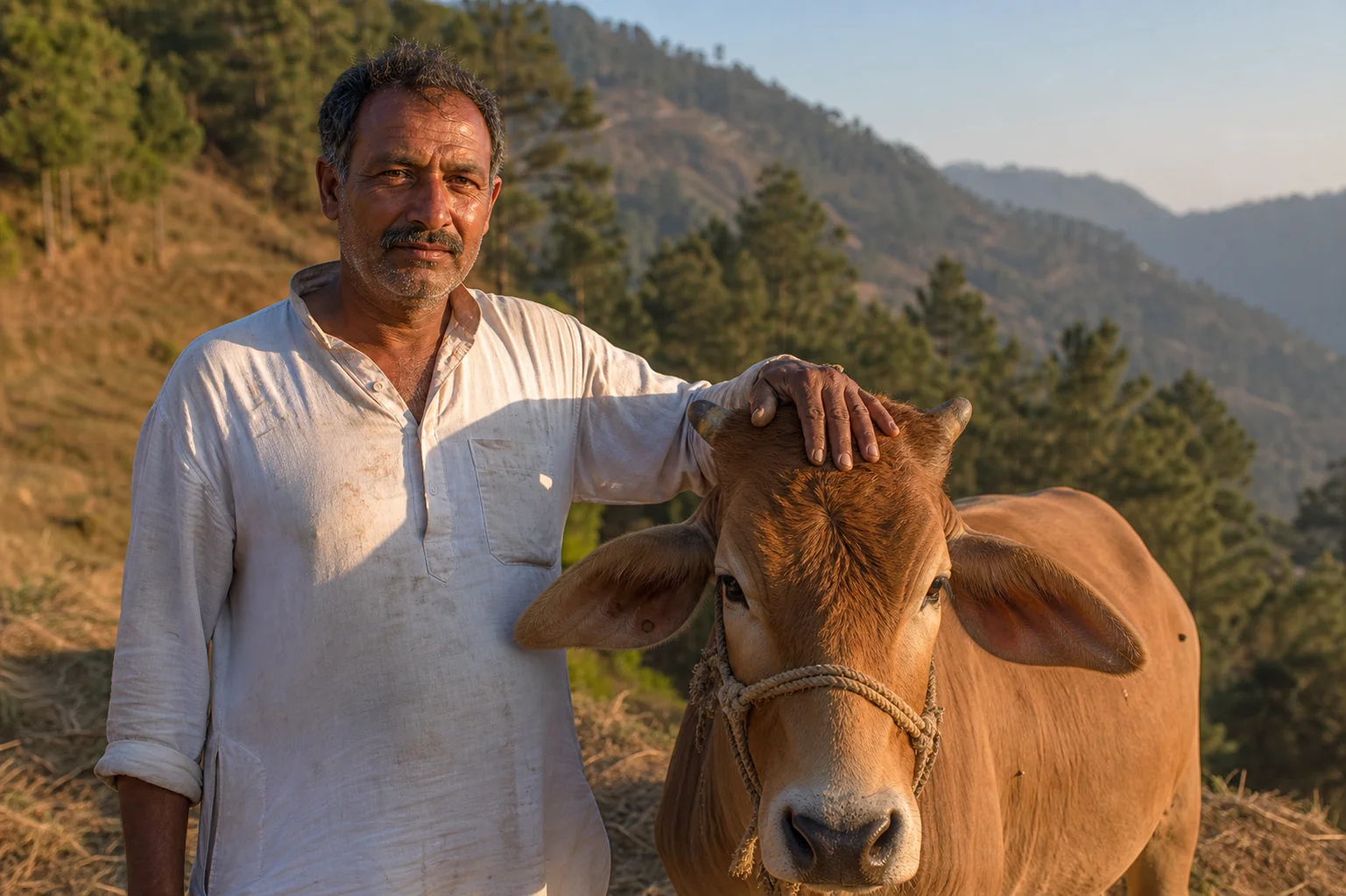 Farmer with desi cow in the Himalayan foothills