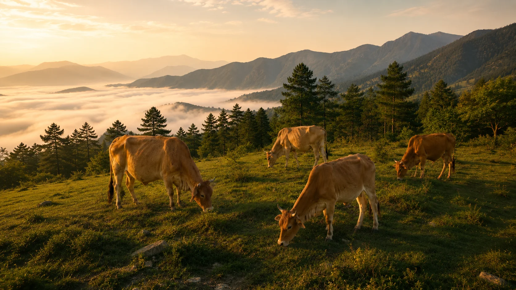 Desi cows grazing in the Himalayan foothills